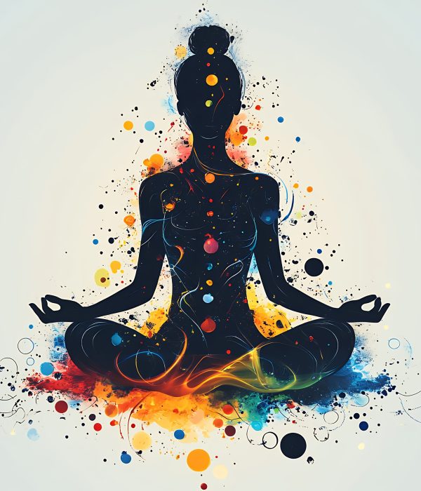 Alignement des chakras – Méditation et énergie intérieure Illustration artistique d’une silhouette en méditation avec les chakras représentés par des couleurs vives et des éclats lumineux.